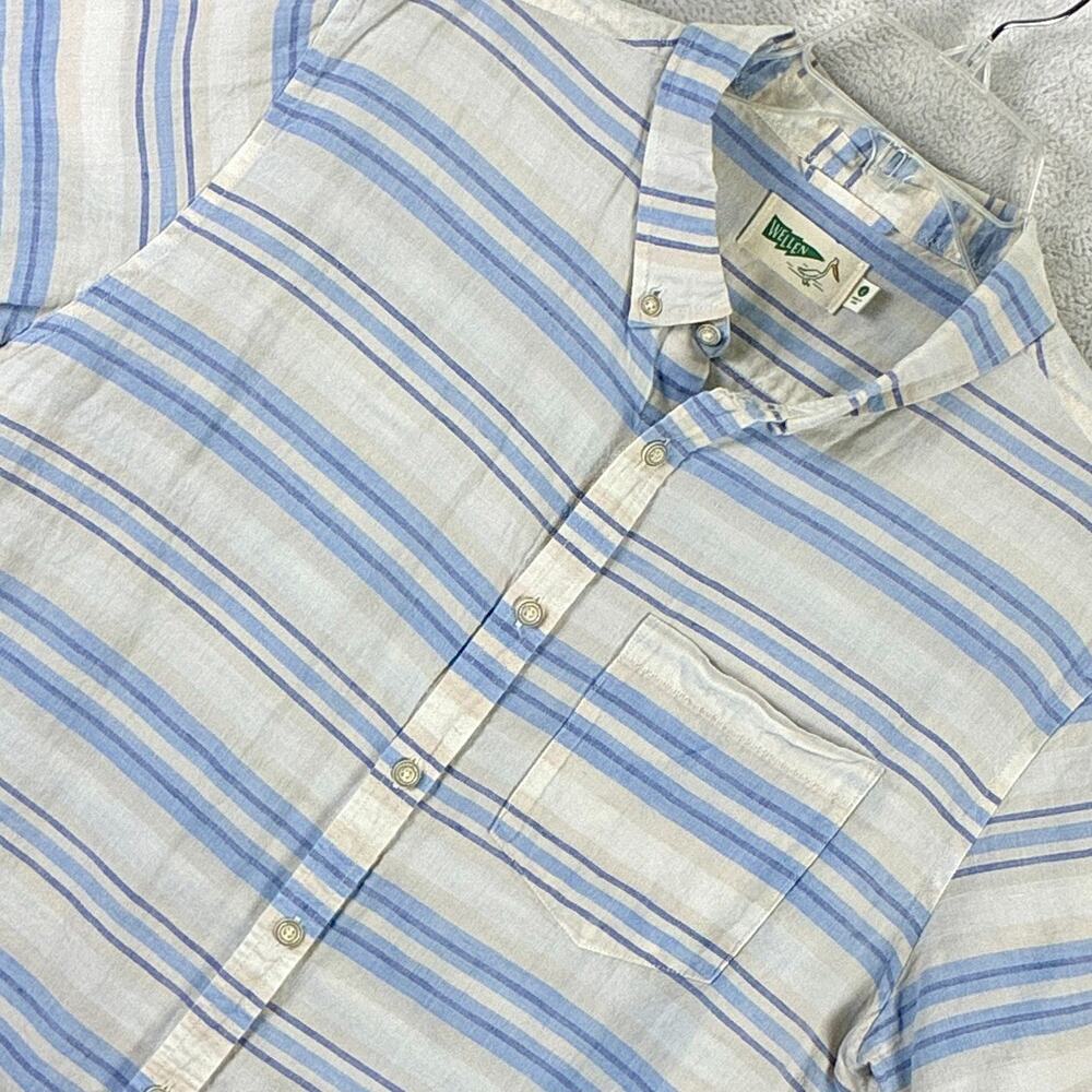 Wellen Camp Shirt Men L Blue Beige White Striped Linen Preppy Beach Huckberry